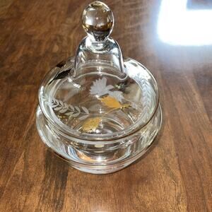 Vintage Romanian Lidded Glass Candy Dish With Gold Trim and Etched Glass Design